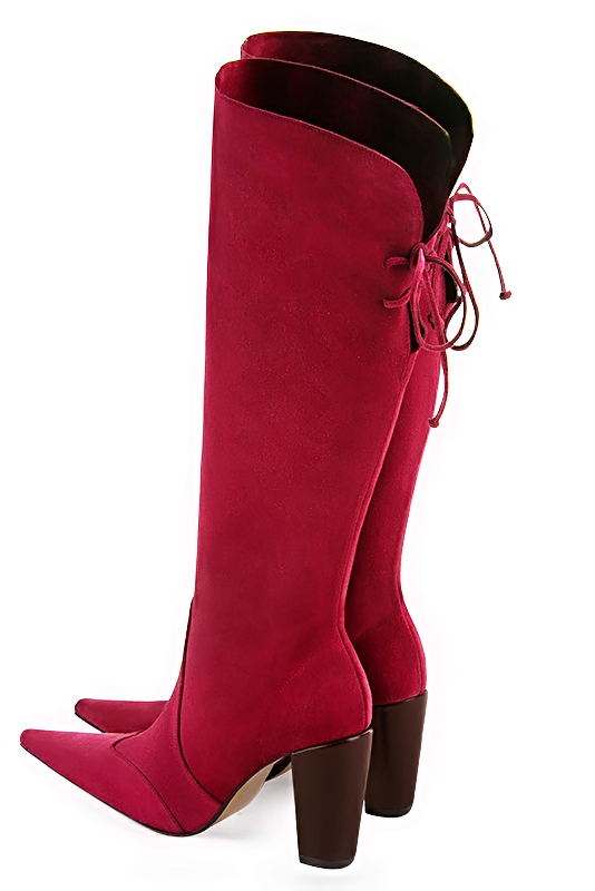 Cardinal red women's knee-high boots, with laces at the back. Pointed toe. High block heels. Made to measure. Rear view - Florence KOOIJMAN
